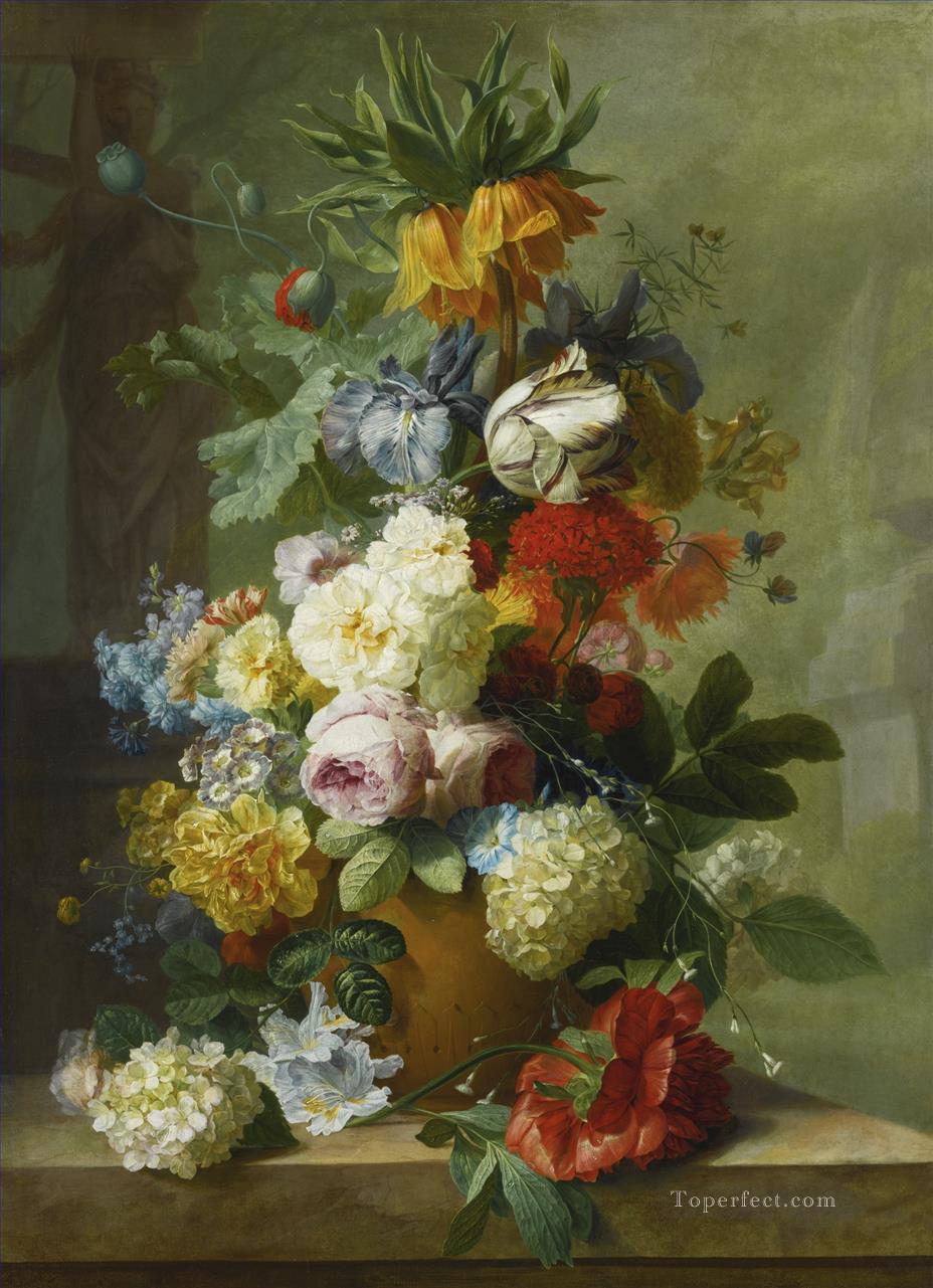 STILL LIFE OF FLOWERS IN A VASE ON A MARBLE LEDGE Jan van Huysum classical flowers Oil Paintings